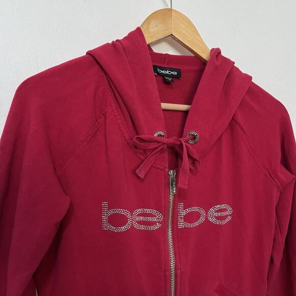 Bebe Y2K Full Zip Rhinestone Logo Cropped Hoodie Size M Red 2000s School - Picture 3 of 9
